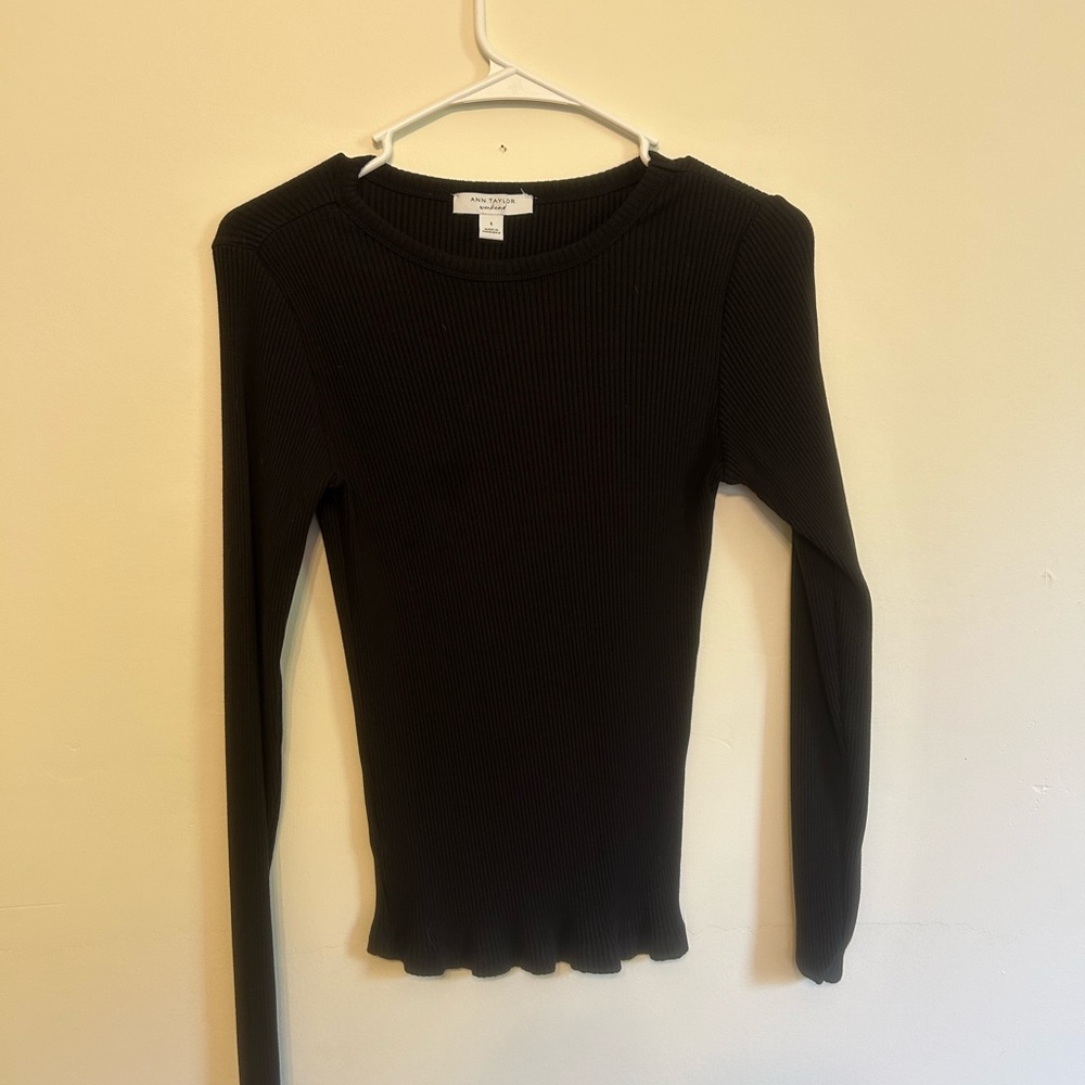 Ann Taylor Black Ribbed Long Sleeve Blouse